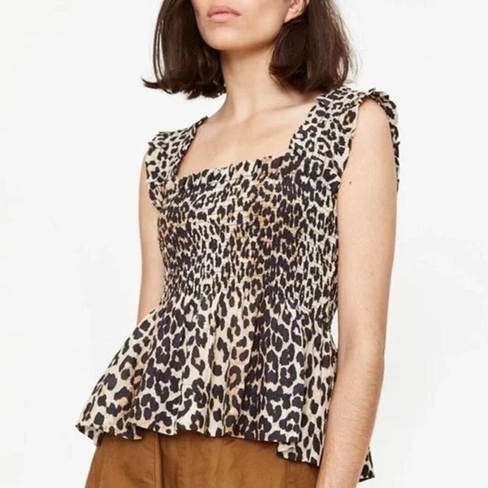 GANNI Leopard Print Smocked Peplum Tank Top Cotton Silk Shirred Square Neck KPop